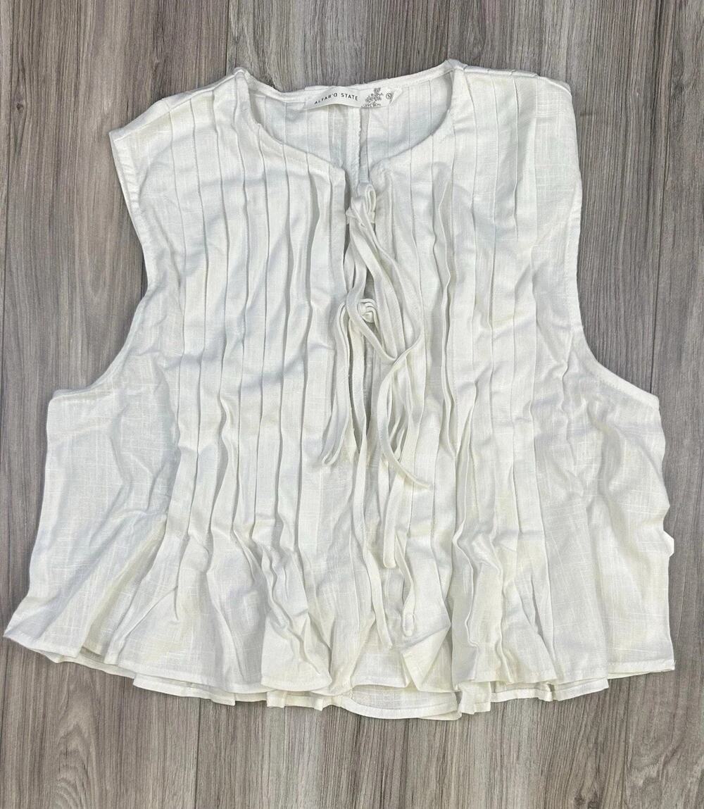 Altar'd State Pleated Tie Front Tank Top White Gauze Sleeveless Womens Small NEW